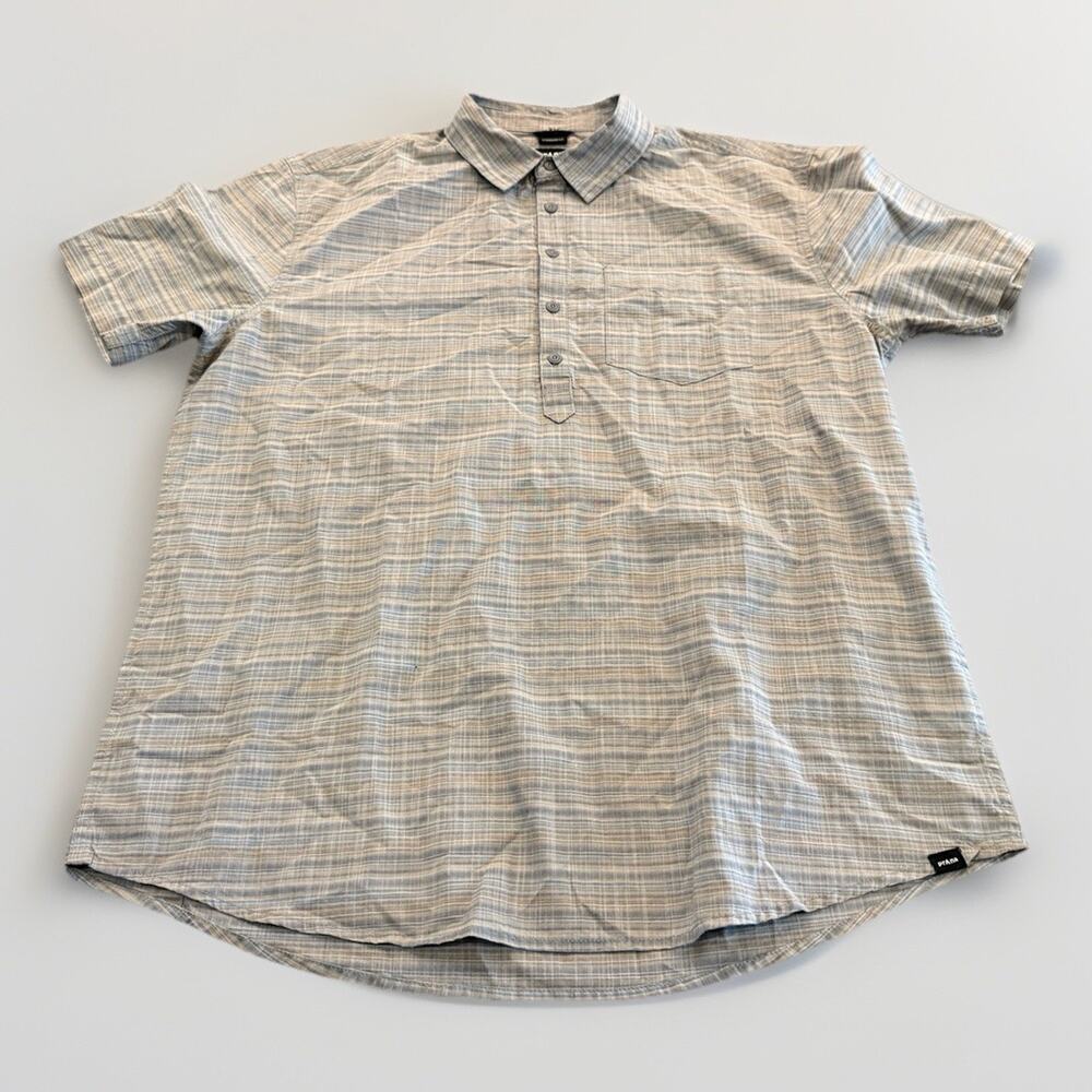PrAna Groveland Mens 1/2 Button Gray Striped Short Sleeve Casual Shirt Size L